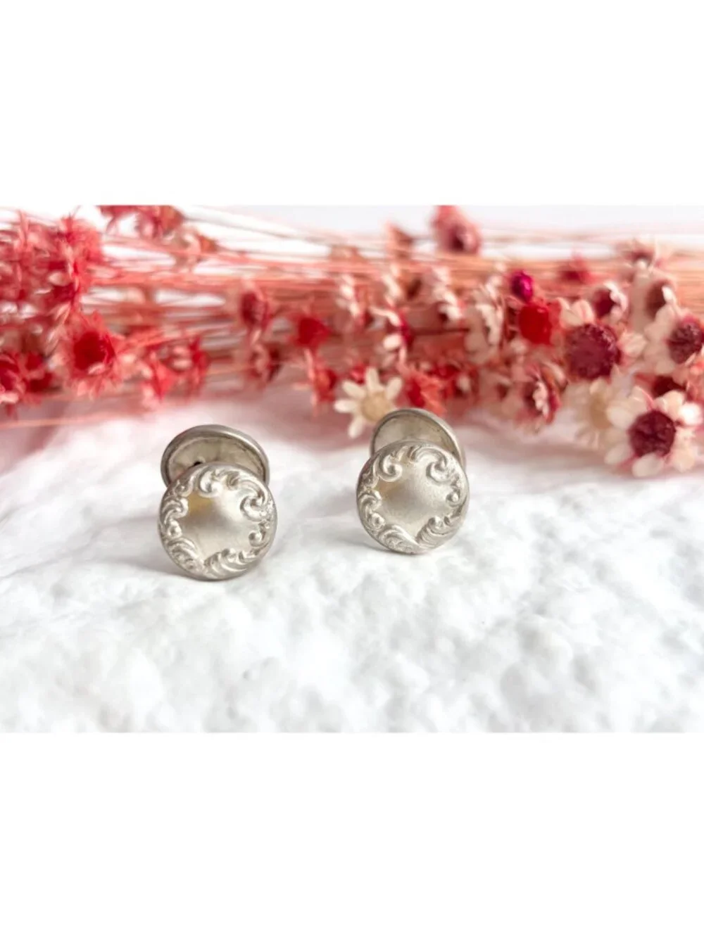 Repousse Round Raised Floral Sterling Silver 925 Men's Cufflinks